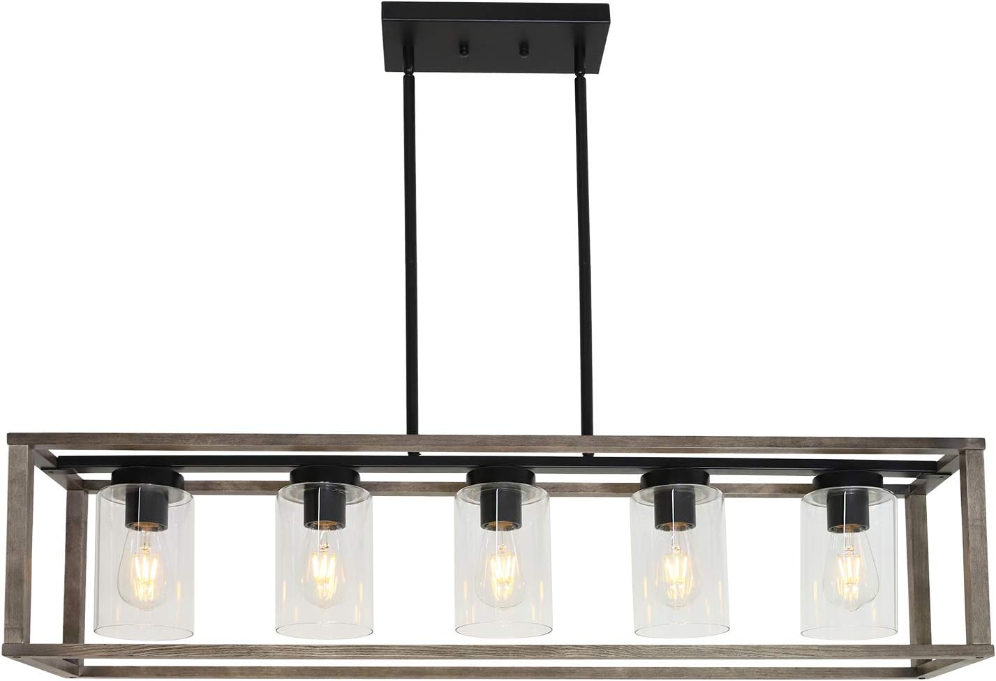 VINLUZ 5-Light Wood Chandelier Linear Industrial Kitchen Island Pendant Lighting Gray Wooden Frame Accents, Dining Room Lighting with Glass Shade Modern Farmhouse Light Fixtures for Entryway Foyer