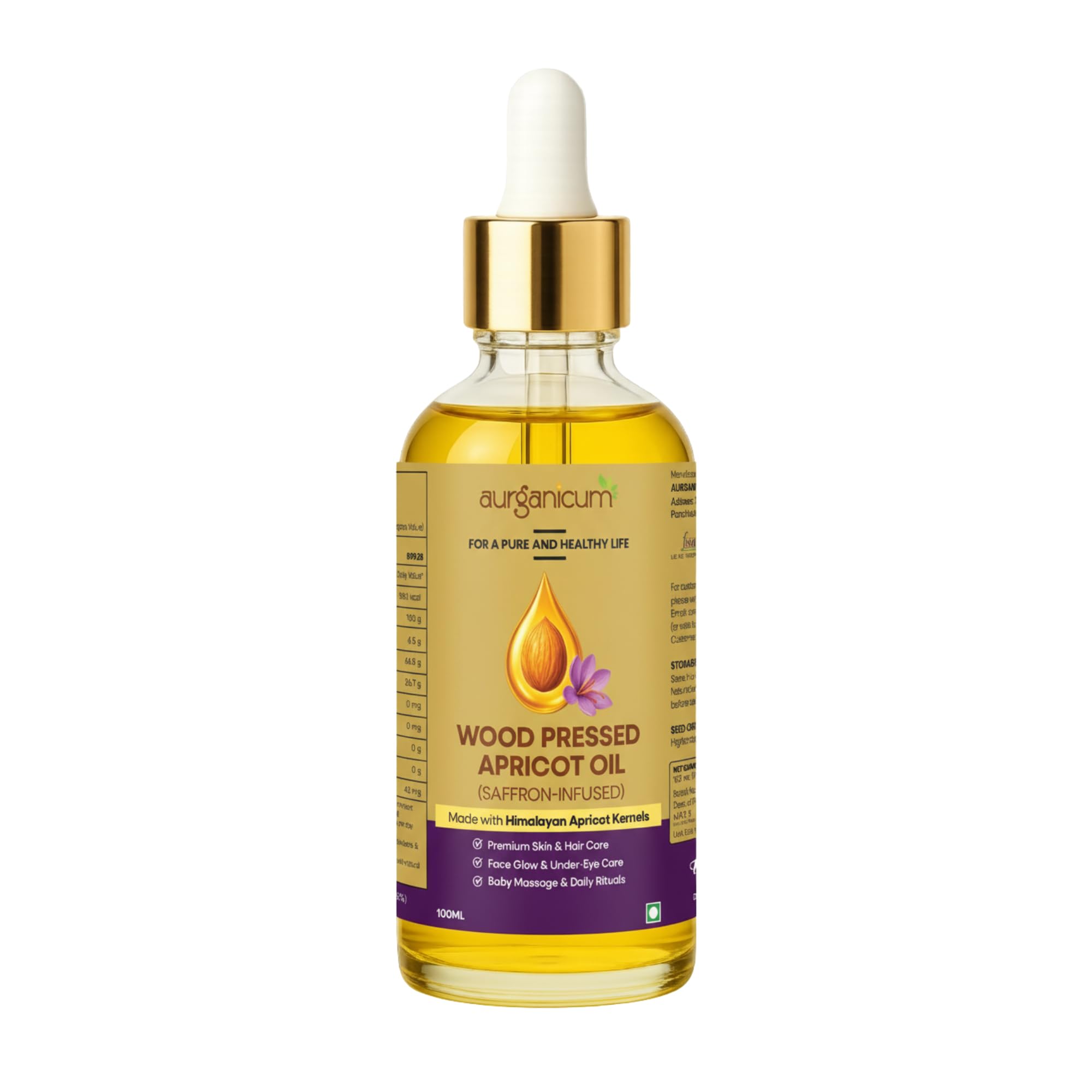 Aurganicum Wood Pressed Apricot Oil with Saffron Infused – Cold Pressed Khubani/Khurmani | Pure Natural for Hair Growth, Glowing Skin, Face & Body Care (100 ml | Saffron Infused | Dropper)