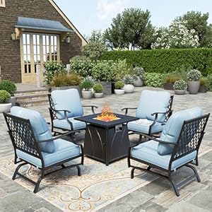 HERA'S HOUSE 5 Pieces Patio Furniture Set with Fire Pit Table, 4 x Thick Cushioned Rocking Chairs, 1 x 28 Fire Pit Table (50,000 BTU), Outdoor Conversation Set for Garden, Backyard, Lawn, Blue HERAS HOUSE 5 Pieces Patio Furniture Set with Fire Pit Table 4 x Thick Cushioned Rocking Chairs 1 x 28 Fire Pit Table 50000 BTU Outdoor Conversation Set for Garden Backyard Lawn Blue