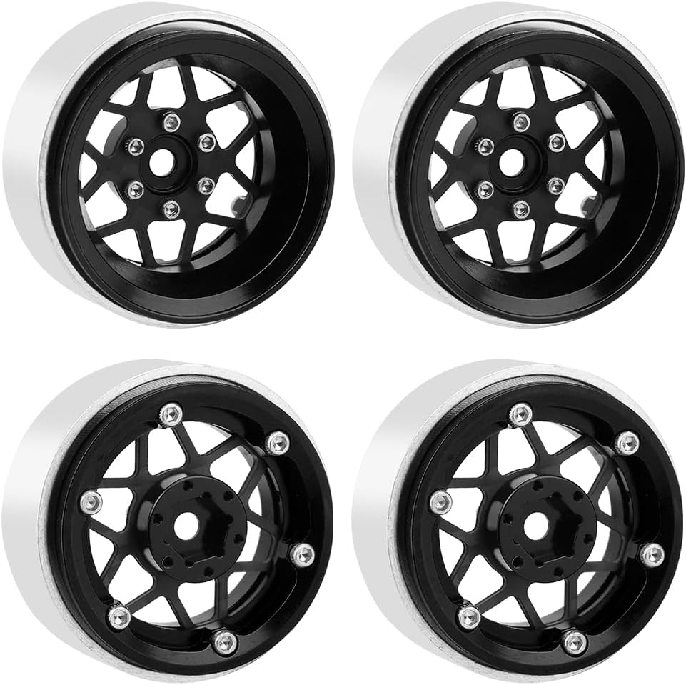 ModuWheel 1.3" Negative Offset Aluminum + Carbon Fiber Beadlock Wheels Rim for 1/24 1/18 AX24 SCX24 TRX4m Ascent18 RC Crawler,Star Pattern-1 (Black)