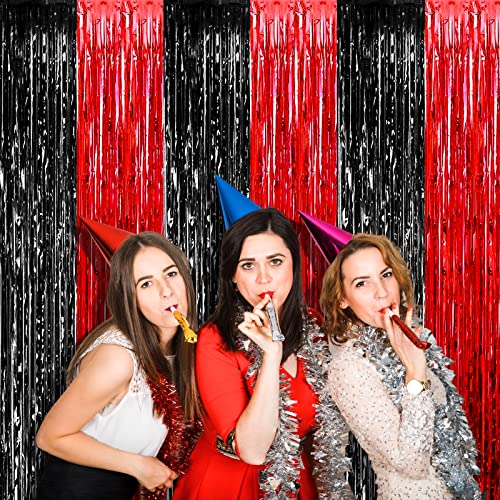 Image of 4 Pack 3.2Ft x 8.2Ft Black Red Foil Fringe Curtain Backdrop, Metallic Tinsel Foil Fringe Streamers Curtains for Photo Booth, Wedding, Casino Viva Las Vegas Game Night Birthday Party Decoration