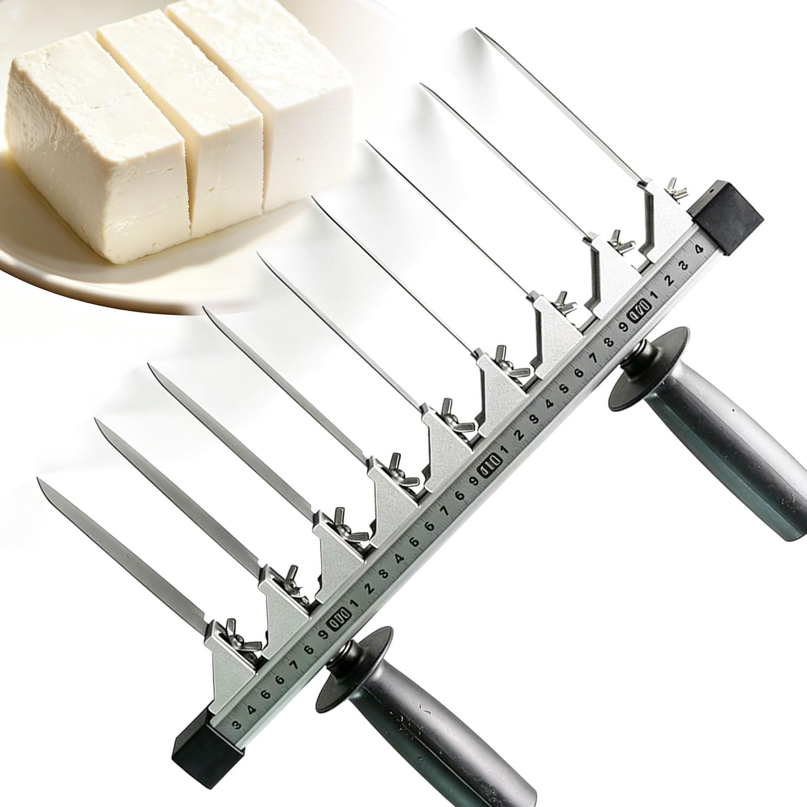 Verstellbarer Tofu-Schneider, 9-Klingen-Edelstahl-Tofu-Schneider mit Linealskala, 29,6 cm Schnittbreite, 2,8–3,7 cm verstellbarer Abstand, für Zuhause, Küche und gewerbliche Nutzung