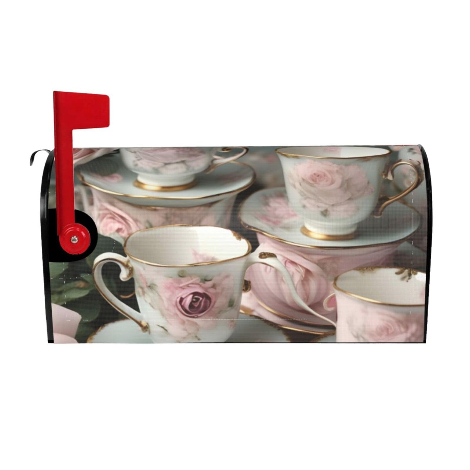 Tea Cups With Roses Romantic Print Mailbox Cover Wraps Post Letter Box Cover Decor For Outside Garden Yard Farmhouse Home