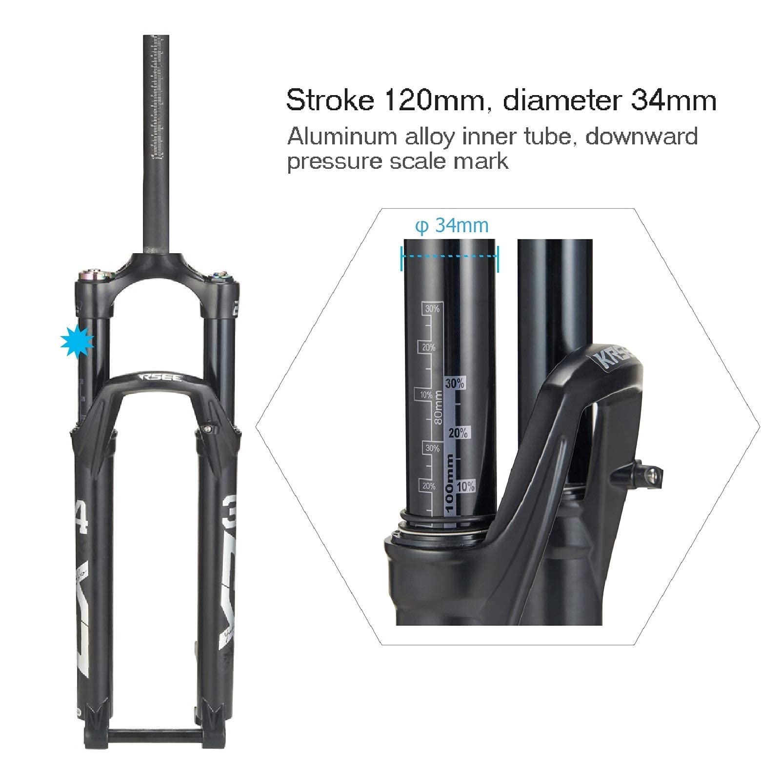 Fourche VTT 27,5 Pouces, Double Chambre à air 26/29, Tube Conique, Amortisseur 1-1/8", débattement 120 mm