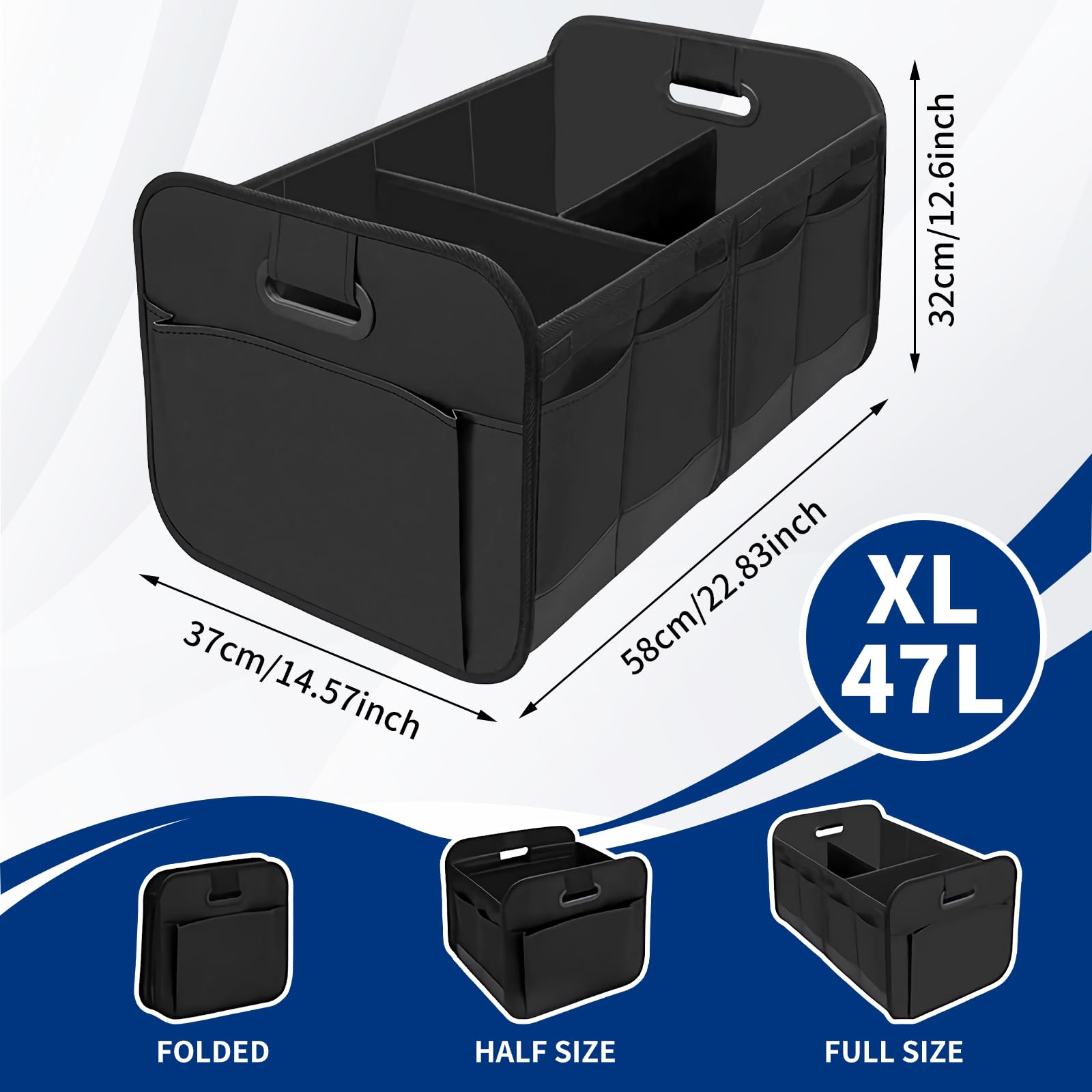Rangement Coffre de Voiture, Grand Contenant de Stockage éTanche Avec Séparateur Amovible Et Poches LatéRales, Organisateur de Coffre Automobile Pour Voitures, Suv, Camping Et Courses (1)