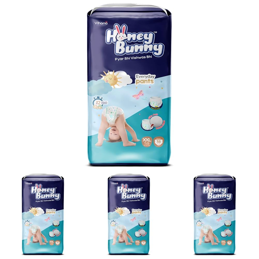 Honey Bunny Everyday Baby Diapers Pants | Extra Extra Large (XXL), 38 Count, 17-25 kg | Silky Soft on Skin | 12 Hours Protection Baby Diaper (Pack of 4)-image-25