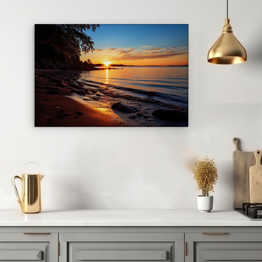 Canvas for Living room. Serene Sunset Splendor: A Lakeside Haven Bathed in Golden Hues, 27 x 18 inch Canvas Wall Art - Contemporary Masterpieces - Modern Home Decor
