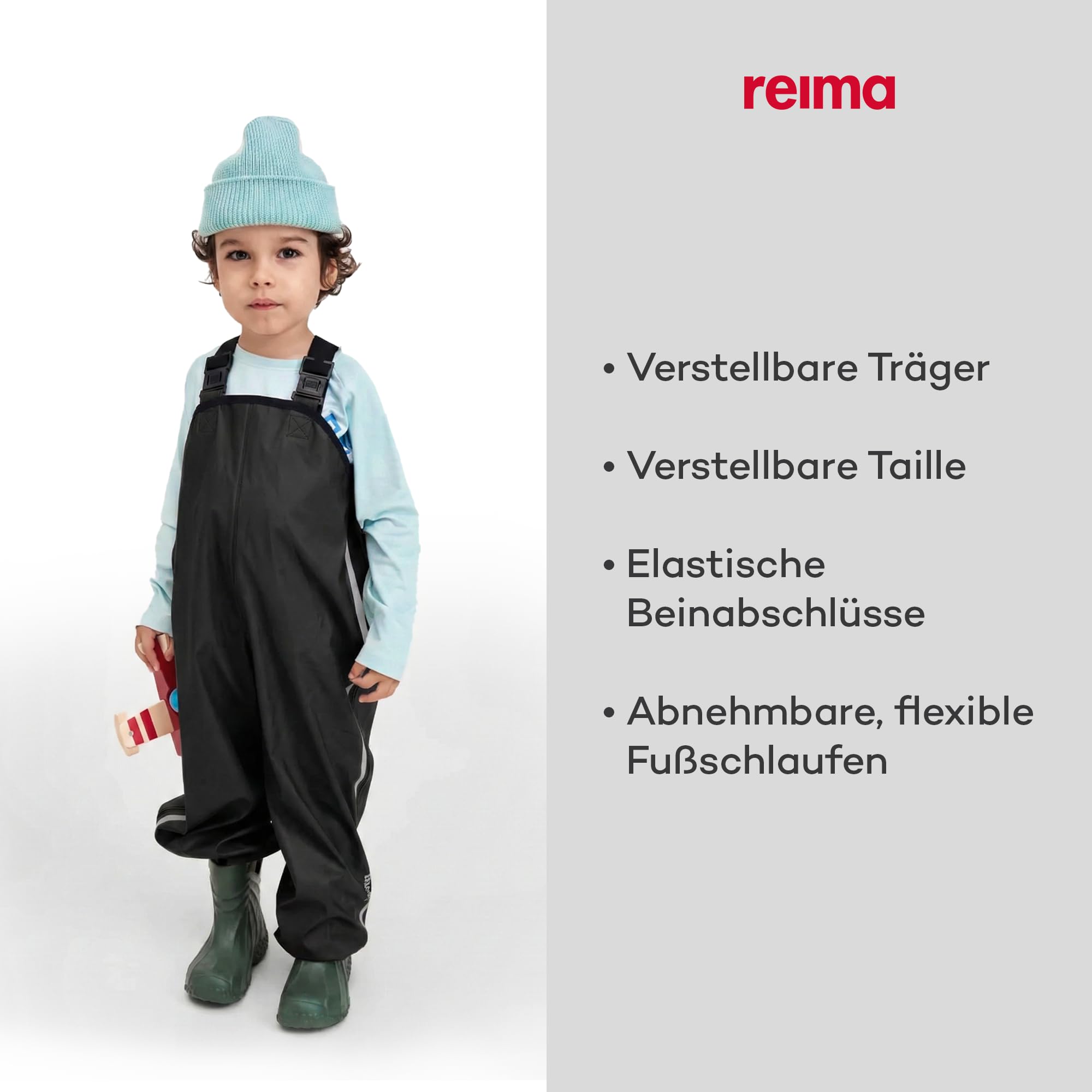 Reima - Lammikko Regenhose für Kinder Wasserdicht - Strapazierfähige Matschhose Jungen und Mädchen mit verstellbaren Hosenträgern, elastischen Beinabschlüssen - Black, 110