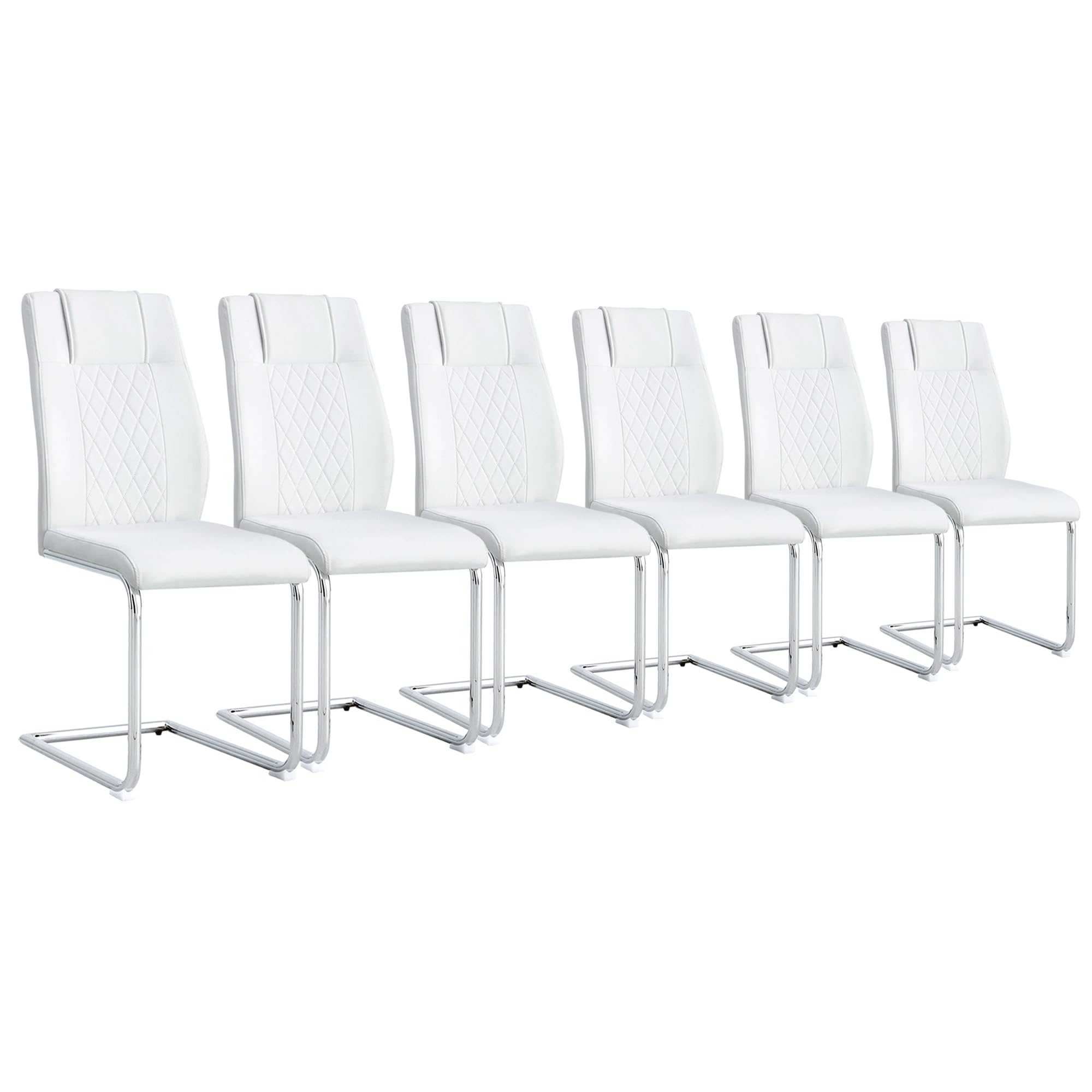 MEMUY Dining Chairs Set 6, High Back White Kitchen Chairs,Waterproof Faux Leather Dinner Chairs with Upholstered Seat,Armless Side Chair with Chrome