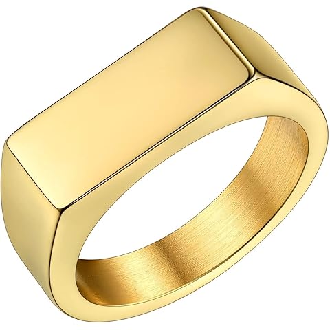 Bestyle Stainless Steel Signet Ring for Men Women in Gold/Black/Silver/Vintage Gray Tone, Chunky Thick Heavy Dome Band Ring Cool Finger Ring, Gift for Dad Husband, Size 7-14 Customizable