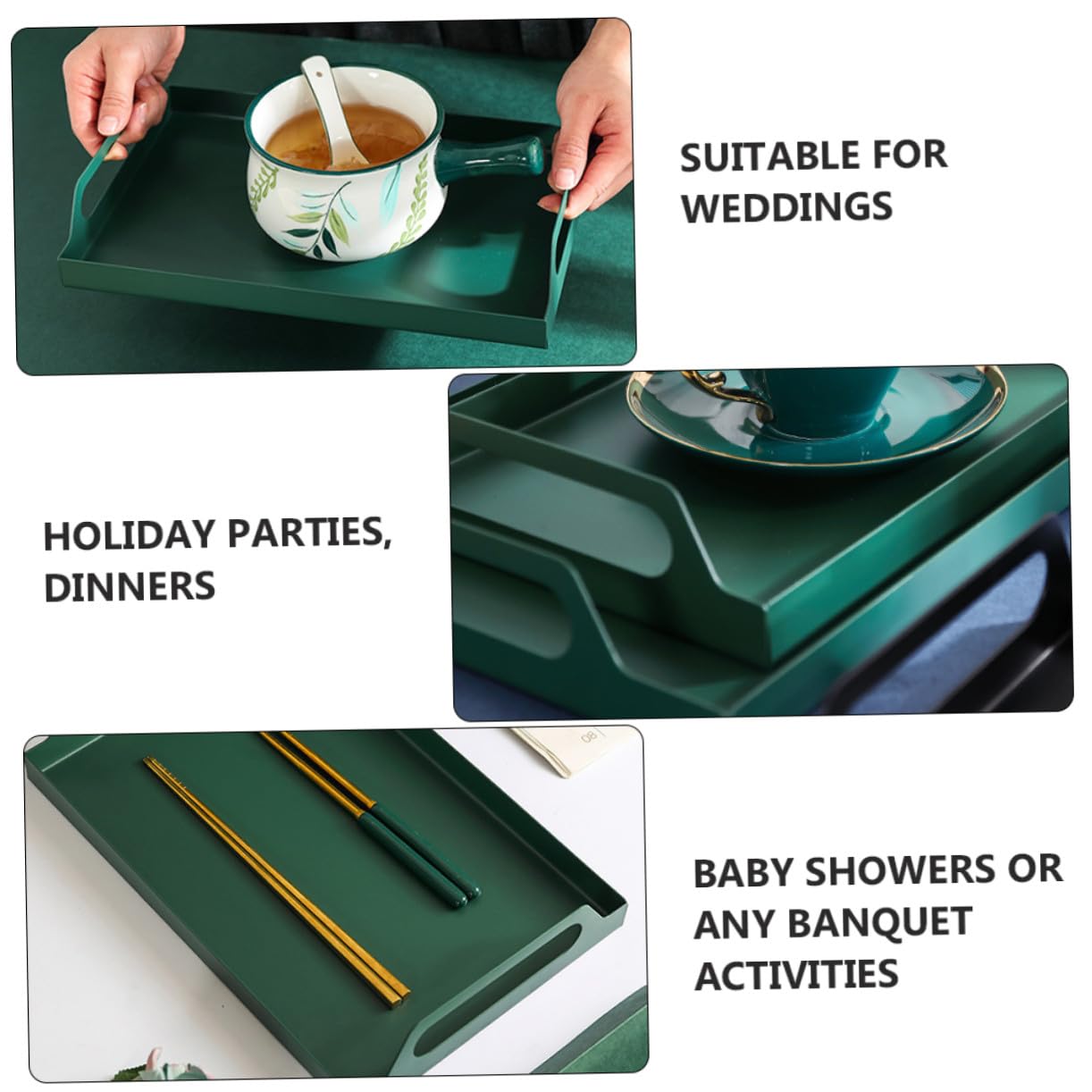 TOYANDONA Bandeja Metálica Rectangular con Asas Resistente para Servir Comida Reuniones Familiares y Eventos Diseño Artesanal Hierro Verde Grande para Aperitivos y Postres