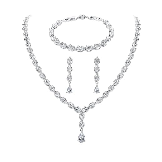 Jewelry Set for Women, Necklace Dangle Earrings Bracelet Set with White AAA Cubic Zirconia, Allergy Free Wedding Party Jewelry for Bridal Bridesmaid
