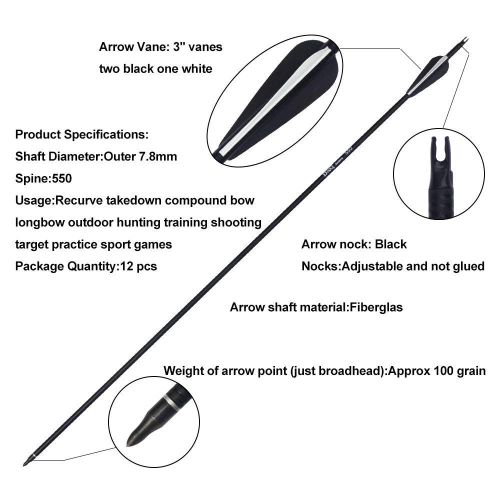 3Z Archery 12 Pacco 31 Pollici Frecce per cacciavite di Ricambio in vetroresina per Caccia con L'Arco da tiro per 20-55lbs Arco Compound e ricurvo