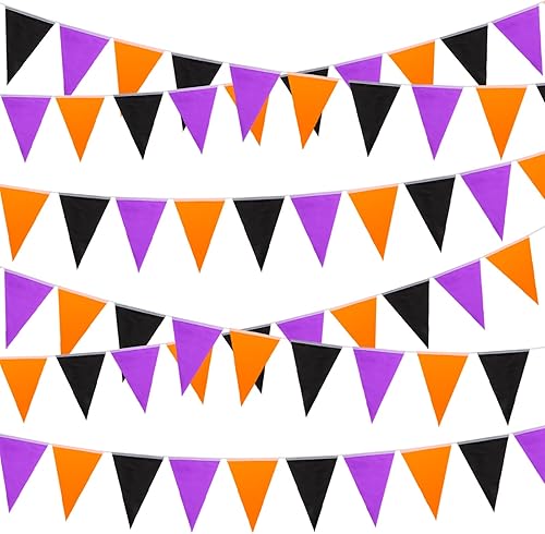 144 banderines de Halloween de 132 pies de banderines triangulares, banderas de tela morada, naranja, negra, guirnalda de banderines de tela de