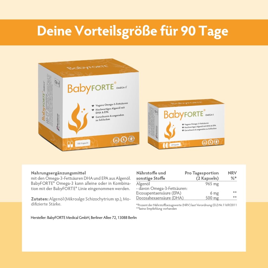 BabyFORTE Omega-3 Algenöl, optimales DHA & EPA Verhältnis, vegan, 60 Kapseln, Kinderwunsch Vitaminen kombinierbar
