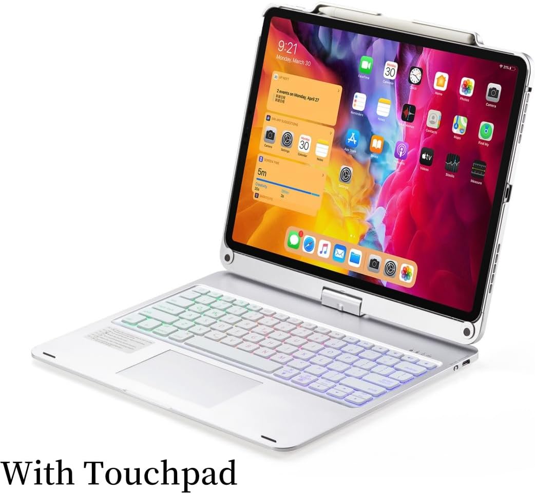 kaidisen 360 Rotatable iPad Pro 13 inch M5/M4, Air 13 inch (M4/M3/M2), iPad Pro 12.9 6th 5th 4th 3rd Gen Keyboard Case with Touchpad 7 Color Backlight Foldable Backlit Keyboard 360 Rotating,Silver