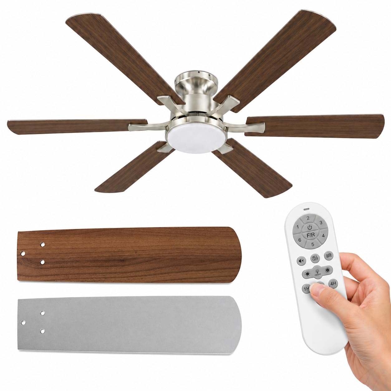 Airwit 132 cm Deckenventilator mit Beleuchtung und Fernbedienung, Deckenventilator mit Licht, leiser DC-Motor, 6 Geschwindigkeiten, dimmbare LED, Timer, Sommer-/Winterbetrieb, Walnuss/Silber