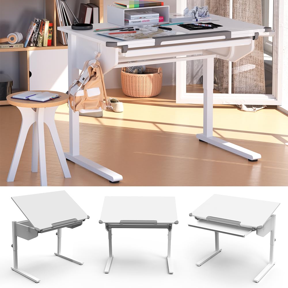 Vicco Kinderschreibtisch Arc, Weiß, 108 x 68 cm höhenverstellbar, für ergonomisches Arbeiten und anpassbare Sitzposition