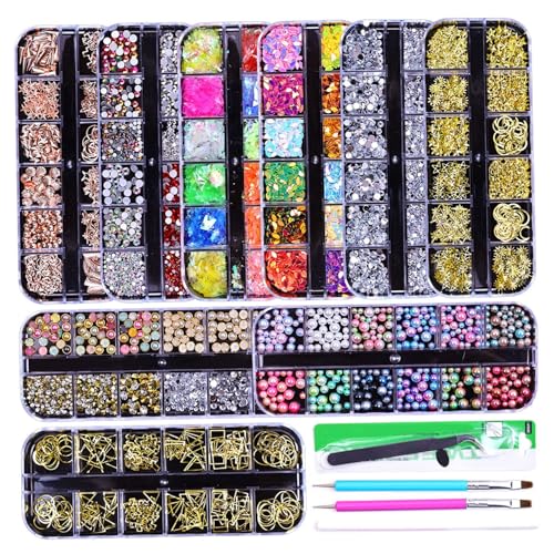 Kit nail art avec 9000 strass colorés et boîte rangement pour manucure
