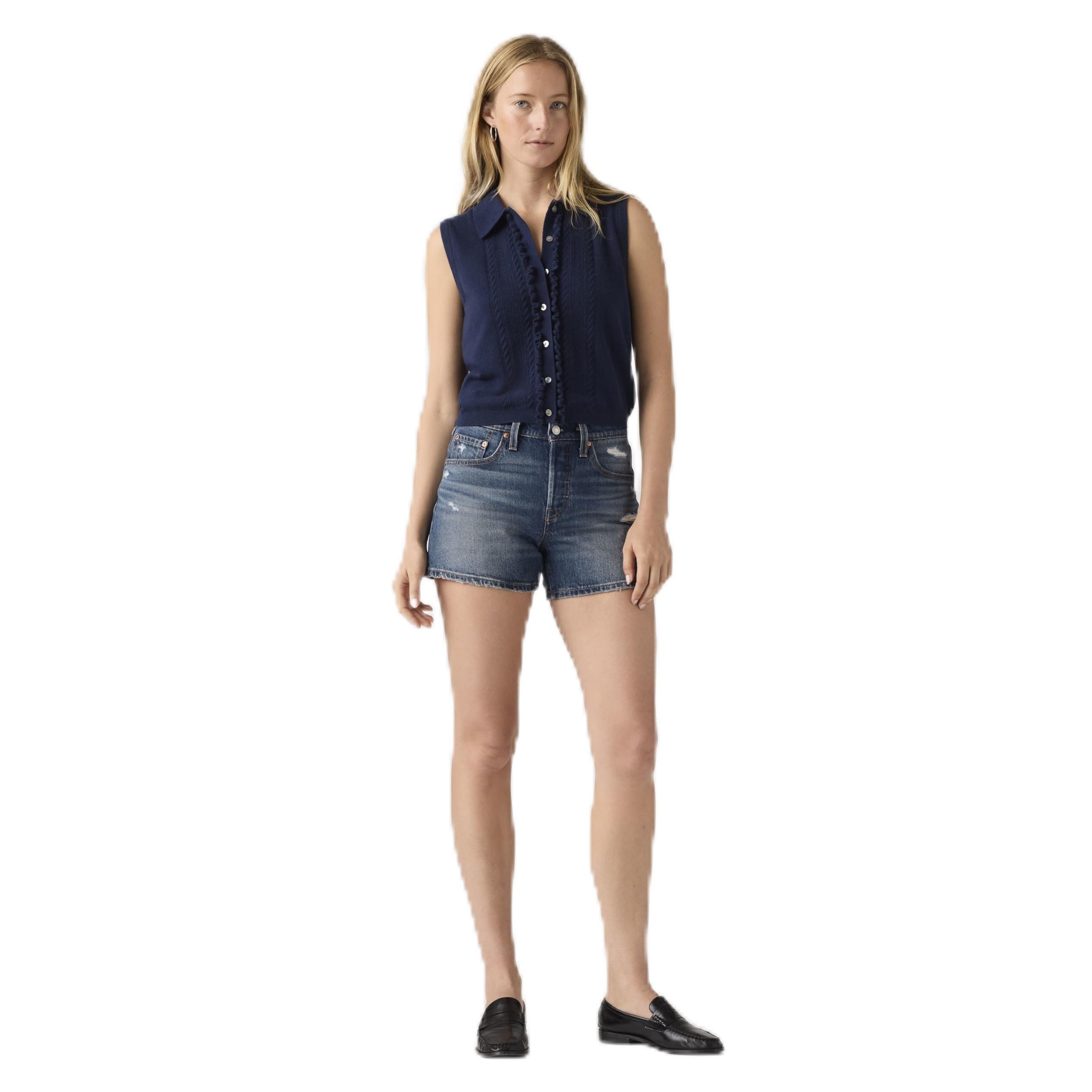 Levi's Women's Denim Shorts 501 Curve with Fringe Hem, Mid Rise, Blue (Happy Vibes Curve), 28