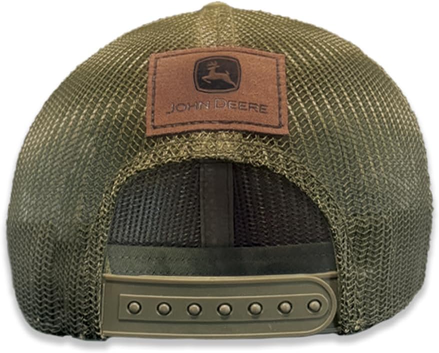 John Deere Full Mesh Trucker Hat, Olive Green, Leather Patch, Adjustable Snapback - Image 2