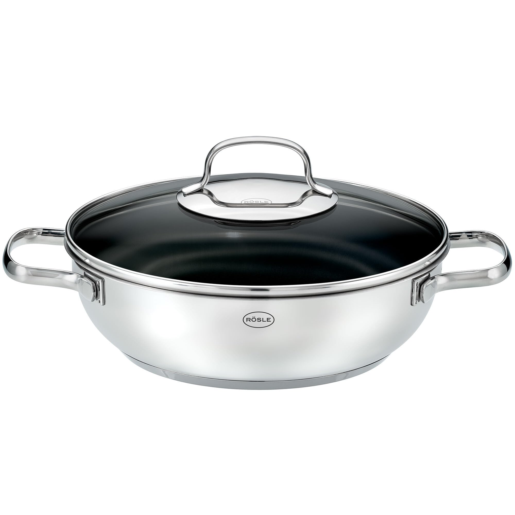 RÖSLE ELEGANCE ProCera Servierpfanne, Antihaft, Stilvoll & Effizient - Ø 28 cm, Hitzebeständig bis 260 °C, Keramikversiegelung, Silberfarben/Schwarz, Edelstahl 18/10