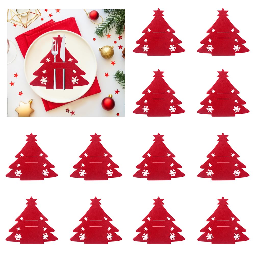 HAOMEEDUO 12 Pcs Bolsita para Cubiertos de Navidad 13,5 x 18cm Decoración Navidad Mesa con Forma de Arbol de Navidad Porta Cubiertos Navideños Funda Cubiertos Navidad Para Decoración Navidad Cena Mesa