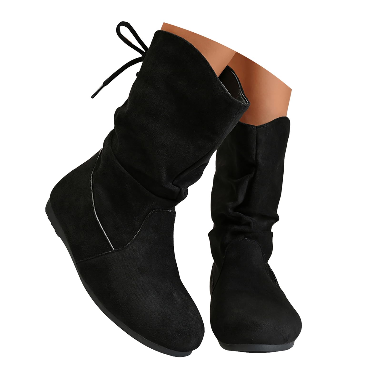 Womens Slip On Slouch Ankle Boots 2025 Short Casual Walking Shoes Wide Width Lace Up Ruched Black Mid