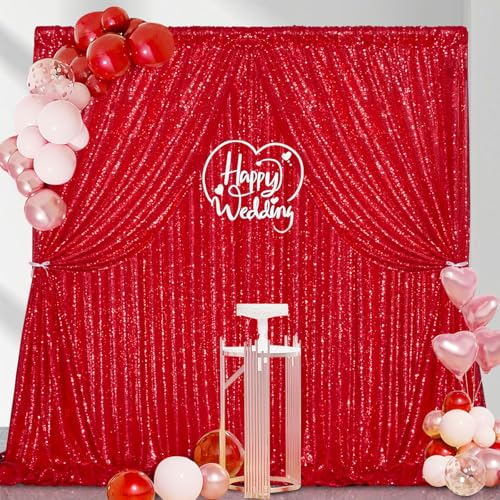 Image of Red Sequin Backdrop Curtains-2 Panels 4FTx8FT Red Backdrop for Valentines Day, Glitter Party Decorations Background Drapes for Wedding Birthday Anniversary Graduation Photo Booth Decor