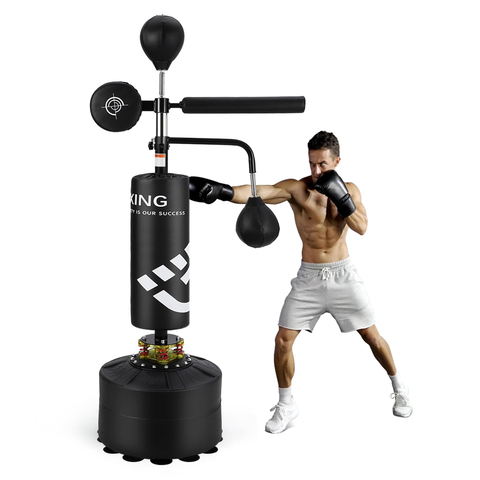 Sac de Frappe Adulte 5 en 1 Sac de Frappe Support sur Pied 2 Balles de Vitesse Cible et Barre Rotative à 360° Hauteur Réglable 160-230 cm Sac de Frappe sur Pied Réglable Entréeînement Kickboxing Boxe