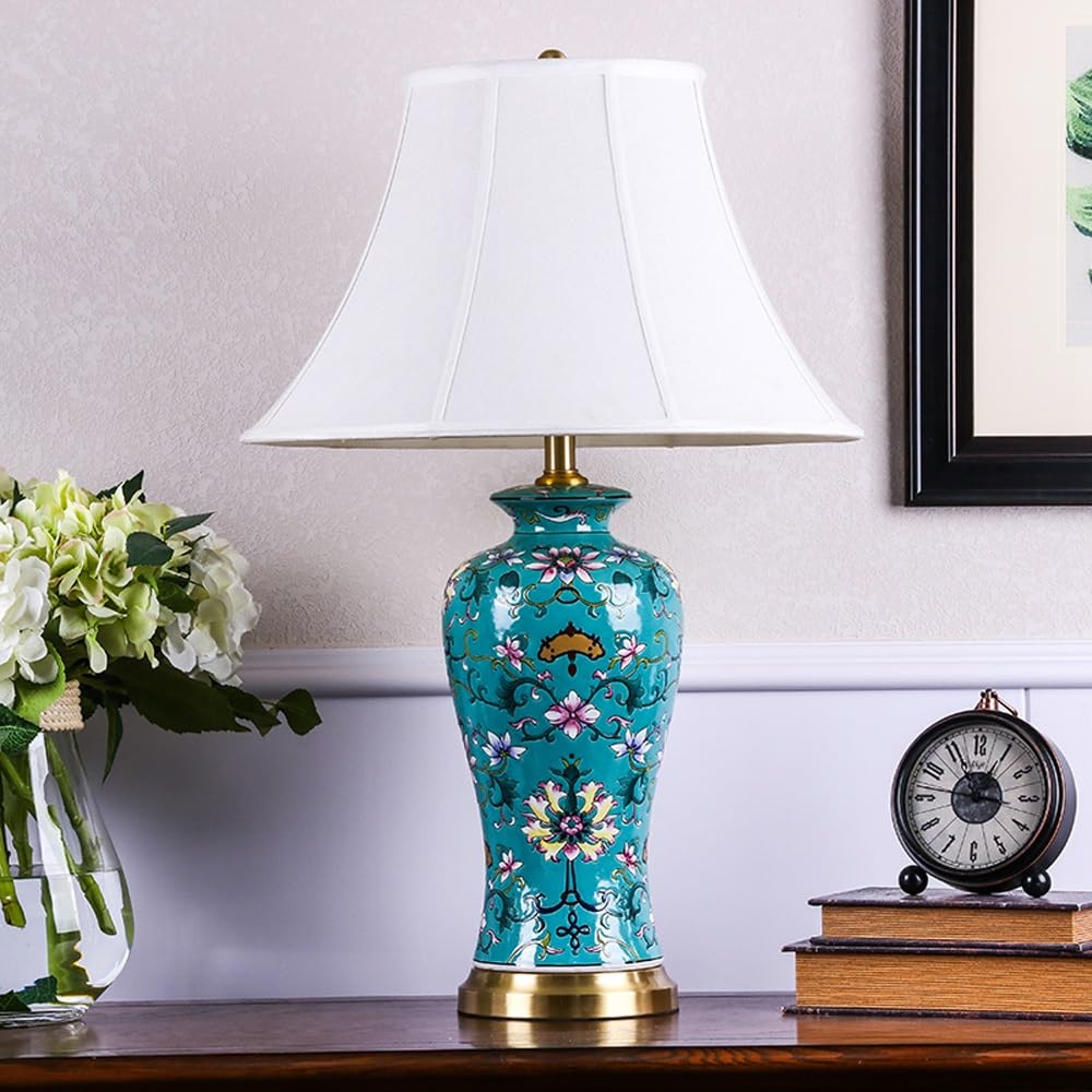 Lampa Stołowa, Ceramiczna Lampa W Stylu Amerykańskim Do Salonu - Lampka Nocna Z Lnianym Abażurem, Lampka Nocna Do Sypialni, Lampka Nocna Z Przyciskiem, Pilot Zdalnego Sterowania