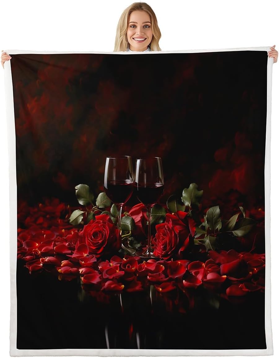 Feelyou Red Rose Western Wine Sherpa Blanket Boys Girls Goblet Plush Blanket for Bed Sofa Couch Romantic Rose Fuzzy Blanket Twin 60"x80"