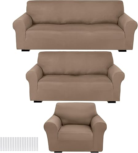 Miniatura 18 de Peryiter Juego de 3 fundas para muebles de sofá, sofá biplaza, sillón y silla, ajuste elástico, sin arrugas, protector de muebles (café café, Marrón
