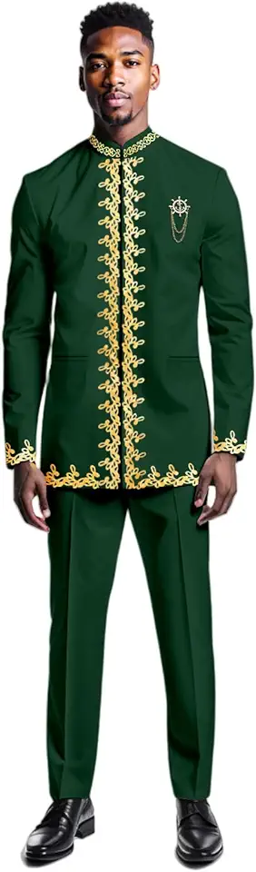 Conjunto de 2 peças de terno masculino slim fit bordado sólido terno jaqueta calça conjunto de casamento, Verde, XGG