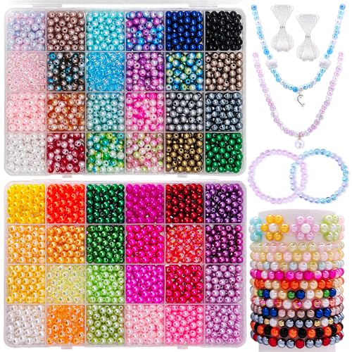 Aileem 2400pcs Round Glass Beads for Jewelry Making - 48 Colors Imitative Crystal Gemstone Beads for Bracelets Necklaces Phone Charms Earrings Making DIY Crafts