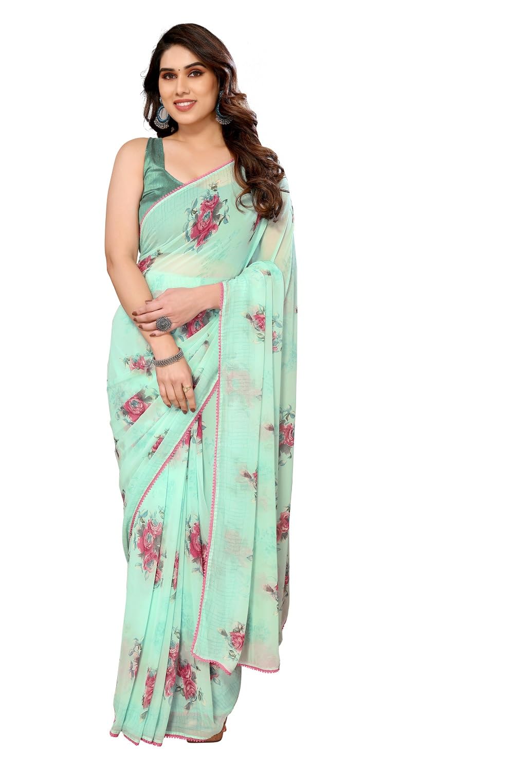 RAJESHWAR FASHION WITH RF Women's Printed Georgette Sarees For Ladies & College Girls Farewell With Lace Border & Blouse