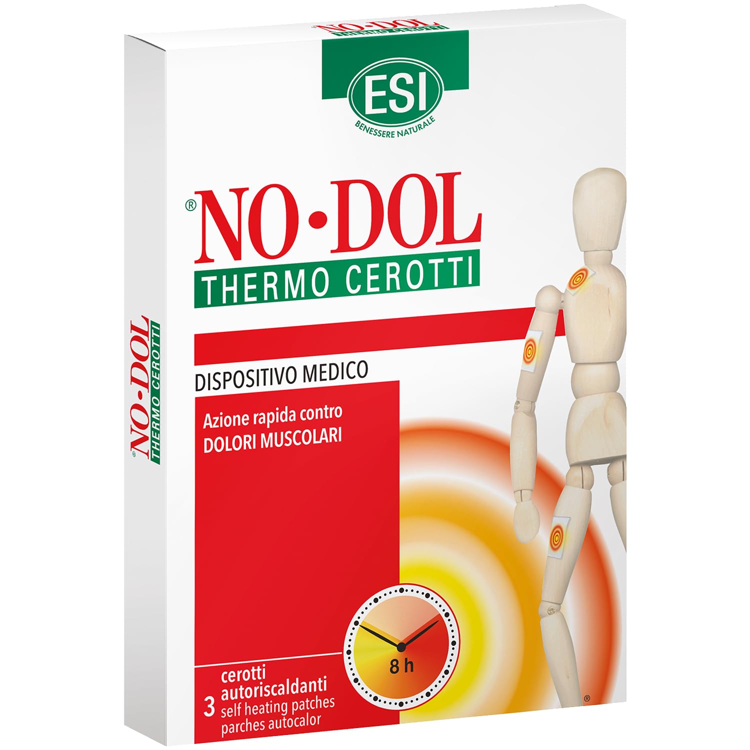 ESI - No-Dol Thermo Cerotti Termici Autoriscaldanti, Fonte di Calore di Origine Naturale, Allevia i Fastidi Reumatici e Muscolari, Riscaldano Fino a 8 Ore, Senza Coloranti e Parabeni, 3 Pezzi