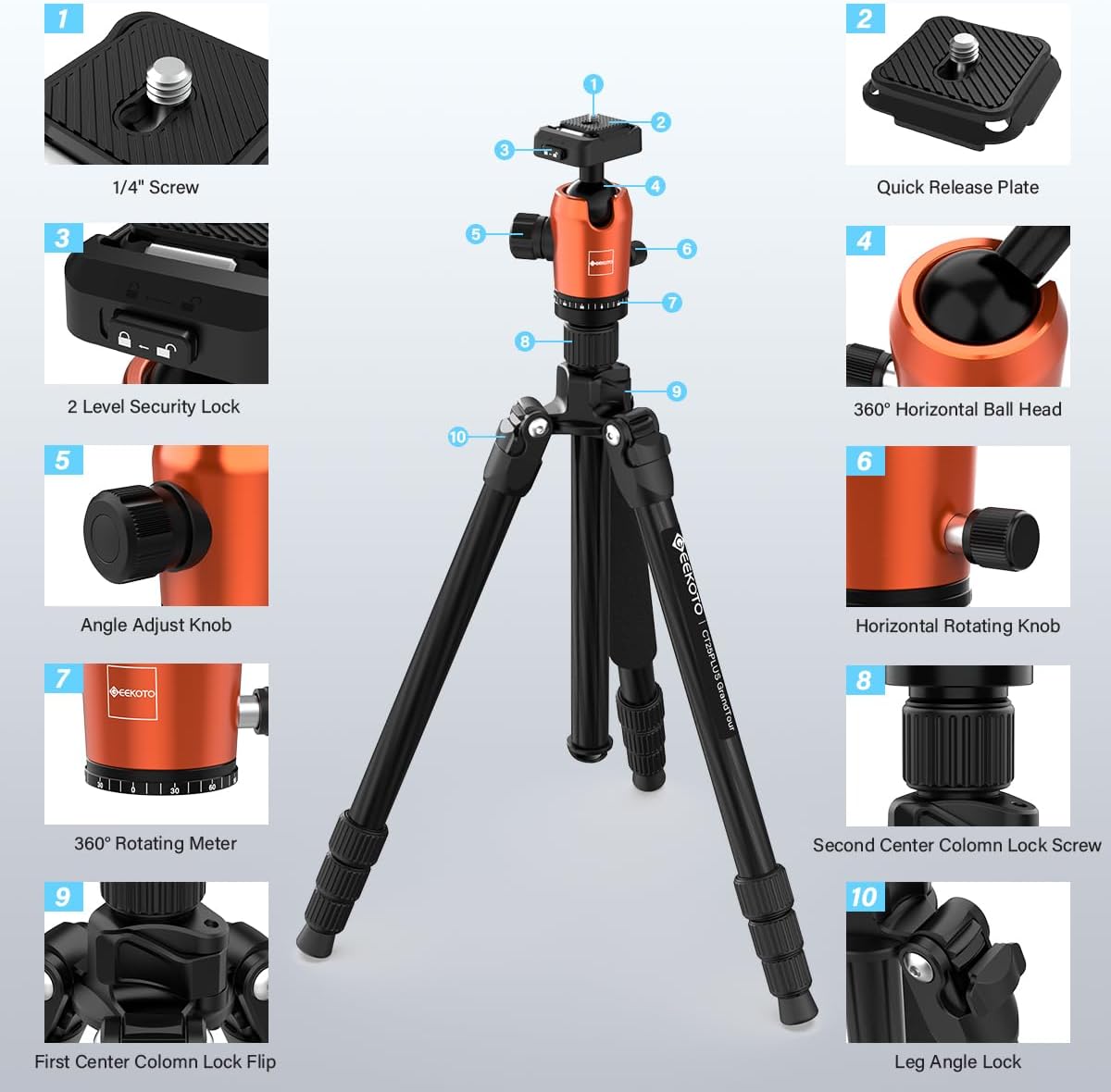 GEEKOTO 65" Carbon Fiber Camera Tripod,Heavy Duty Tripod with 360° Ball Head, 1/4" Quick Release Plate, Supports 26.5 lbs, Converts to Monopod