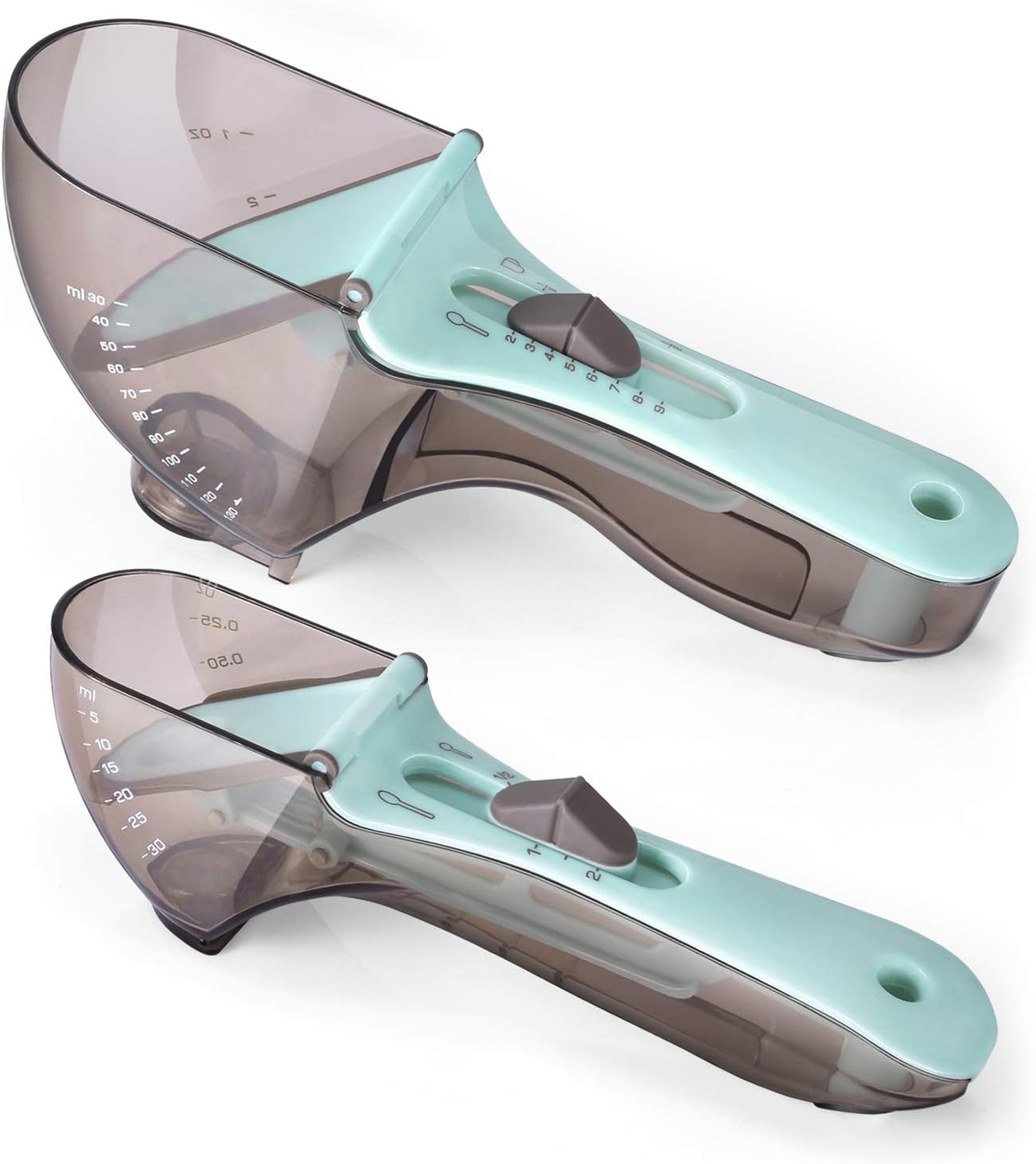 TENDOMI Adjustable Measuring Cups and Spoons Set (2 Pieces)-Large Tablespoon & Small Teaspoon - Metric ML,OZ and Cup - Magnetic Plastic Spoon Measurements for Solid/Powder/Liquid