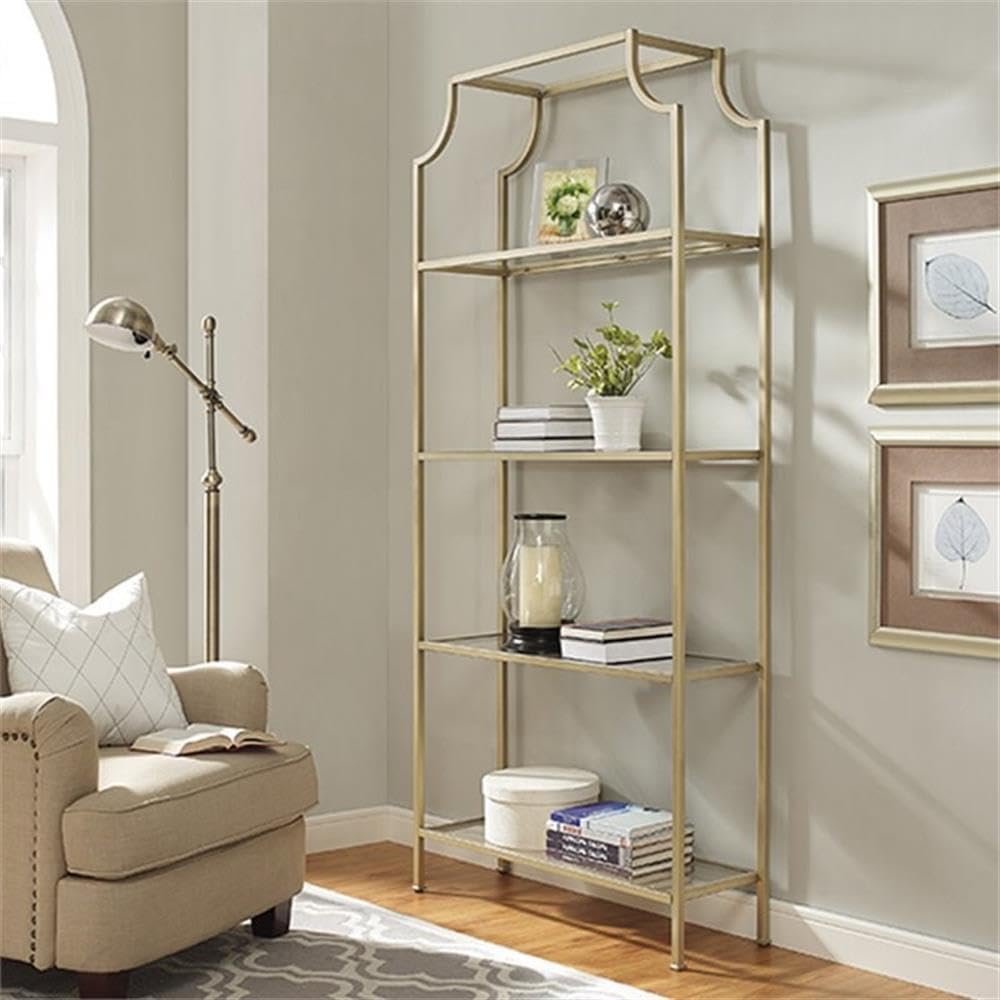 Pemberly Row Glass Bookcase, 80" H x 36" W x 12" D, Metal and Tempered Glass, Antique Gold Finish, 4 Shelves, Modern Vertical Design, Sturdy Storage for Living Room, Bedroom, or Home Office