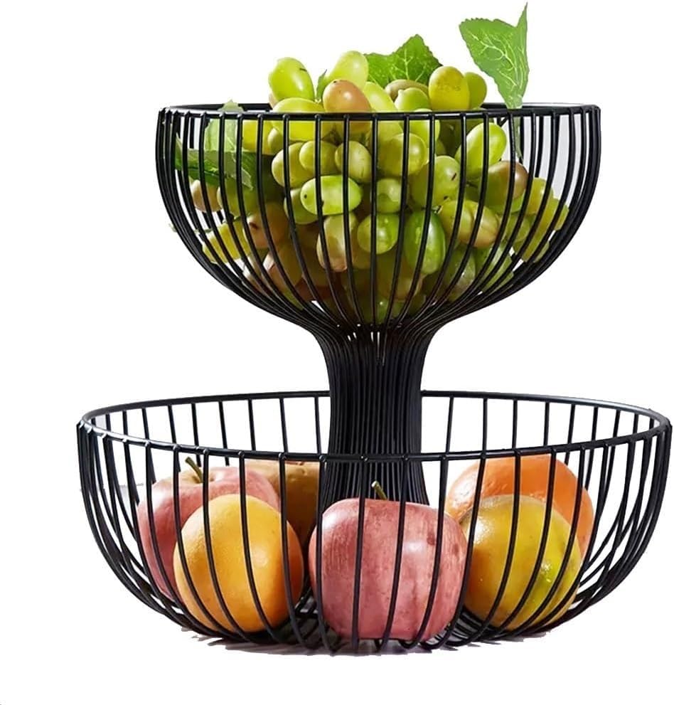 Cesta de frutas de metal de 2 niveles para organización de encimera de cocina y estante de almacenamiento de aperitivos de pan de verduras