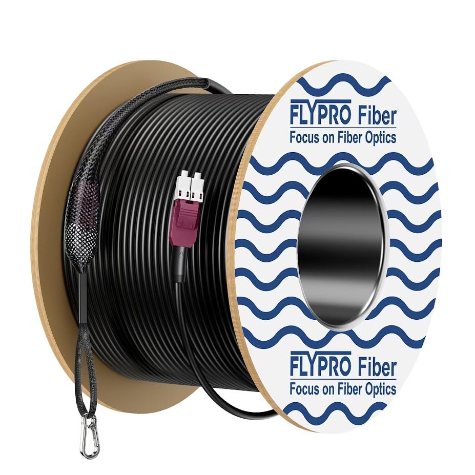 FLYPROFiber- 50m/164ft OM4 LC to LC Outdoor Fiber Patch Cable Industrial TPU, Direct Burial, 40G/100G, 50/125um Duplex Multimode Fiber, OM4 LC Fiber with Pulling Eye Kit Installed on one end, OD-5mm