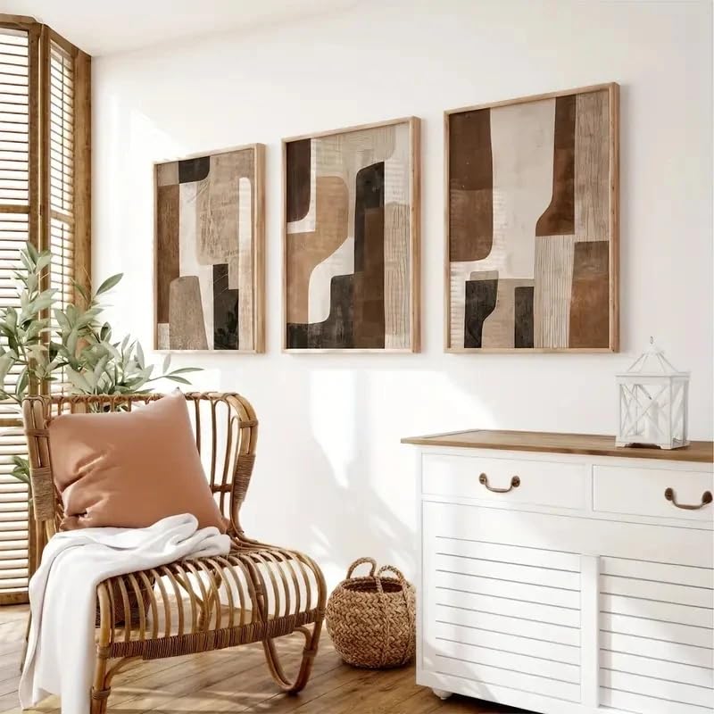 LTjiajuypd Stampe artistiche astratte neutre per pareti, poster su tela in legno marrone e beige, arredamento moderno bohémien per la casa (60x85 cm - 3 pezzi)