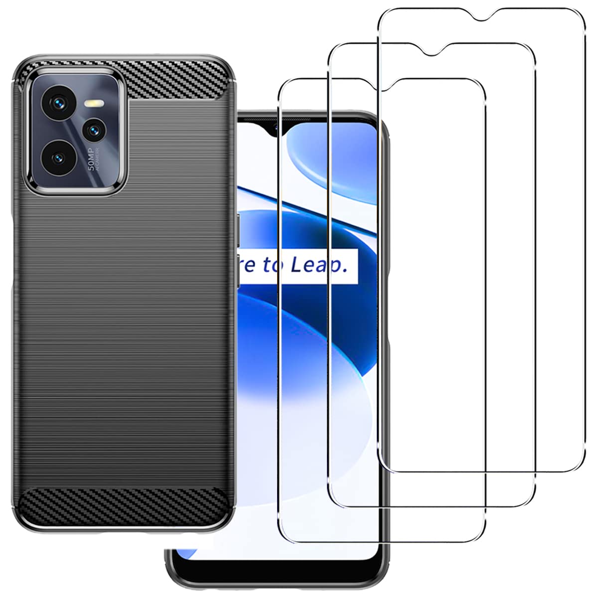carinacocoCase for Realme C35/Narzo 50A Prime with 3 Tempered Glass Screen Protector, Soft TPU Carbon Fiber Texture Shockproof Bumper Anti-Drop Rugged Cover, Ultra Slim Anti-Scratch Phone Case, Black
