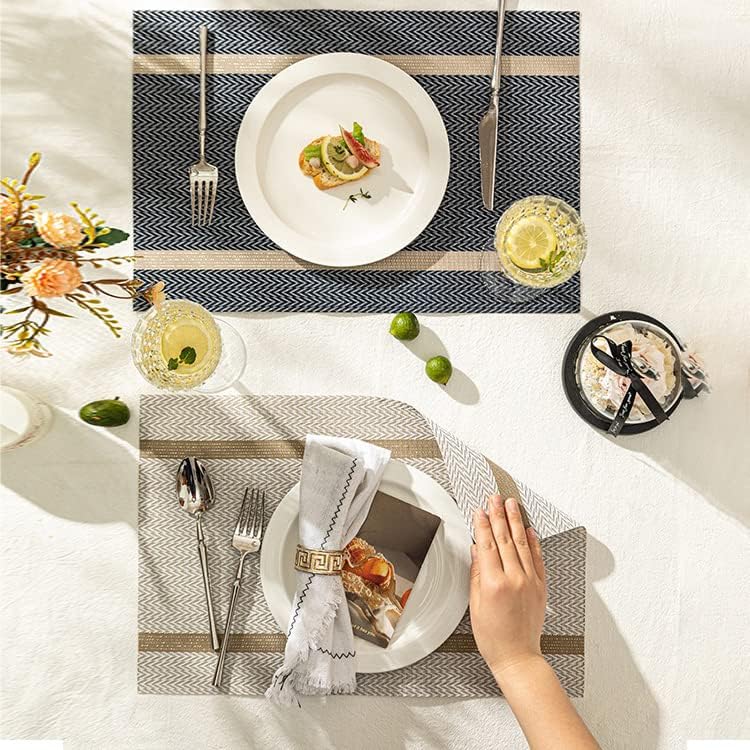 Miniatura 4 de Juego de 8 manteles individuales lavables para mesa de cocina, manteles individuales de PVC fáciles de limpiar (rayas azules)