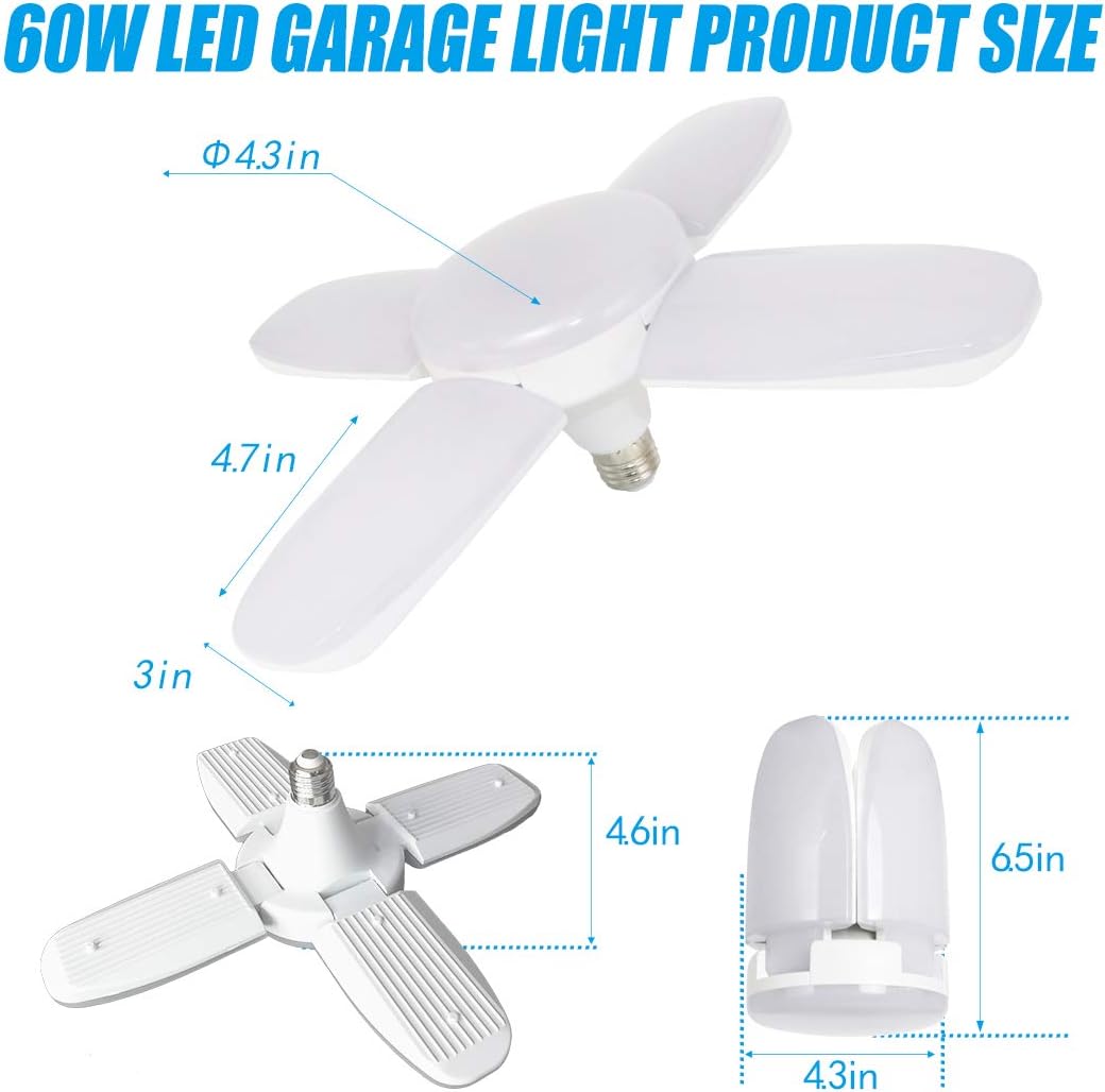 LED Garage Ceiling Lights, 6000Lumen Deformable Shop Light with E26 Extension Holder, 60W Ultra-Bright Work Lamp with 4 Adjustable LED Panels, E26/E27 Base, 6000K Nature Light for Barn, Garage, Attic