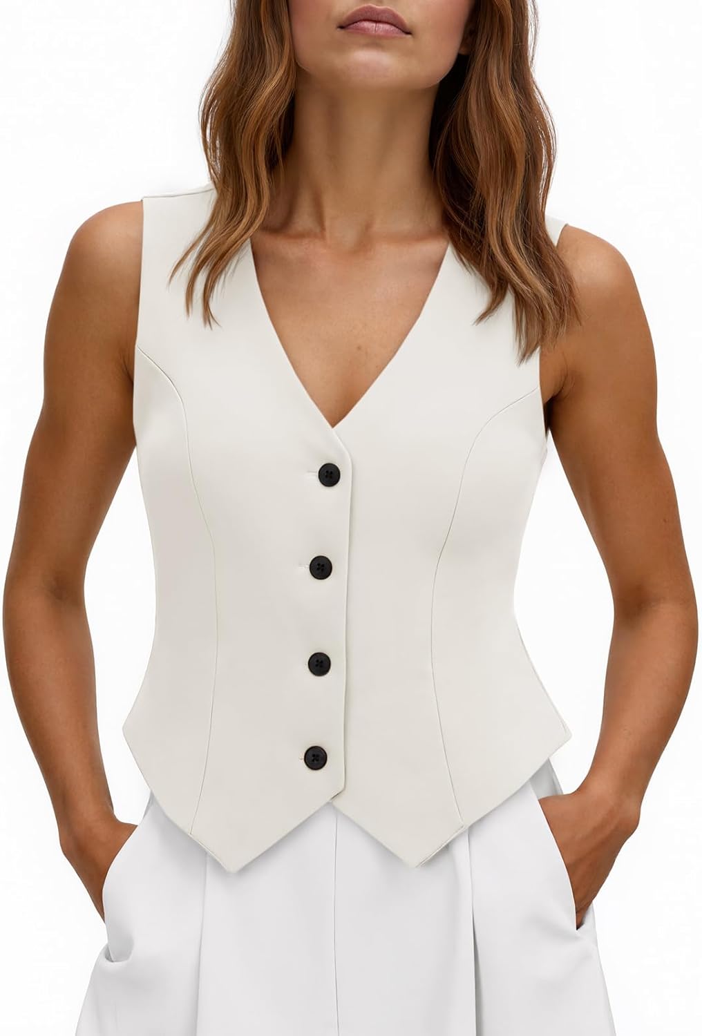 Tankaneo Womens Cropped Blazer Vest Tops Sleeveless V Neck Fitted Waistcoat Button Up Business Casual Vest Shirts