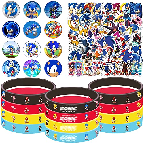 yizeda Sonic Birthday Party favors Set,Hedgehog Party Favors Include 12 Bracelets, 12 Button Pins and 55 Pieces Stickers,Sonic Themed Party Favors Cover