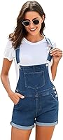 Vista 4 de Vetinee - Overol corto clásico de mezclilla con tirantes ajustables para mujer, con dobladillo con puño