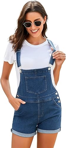 Miniatura 4 de Vetinee - Overol corto clásico de mezclilla con tirantes ajustables para mujer, con dobladillo con puño